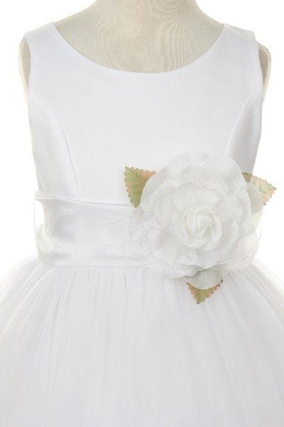 white flower girl dress with flower